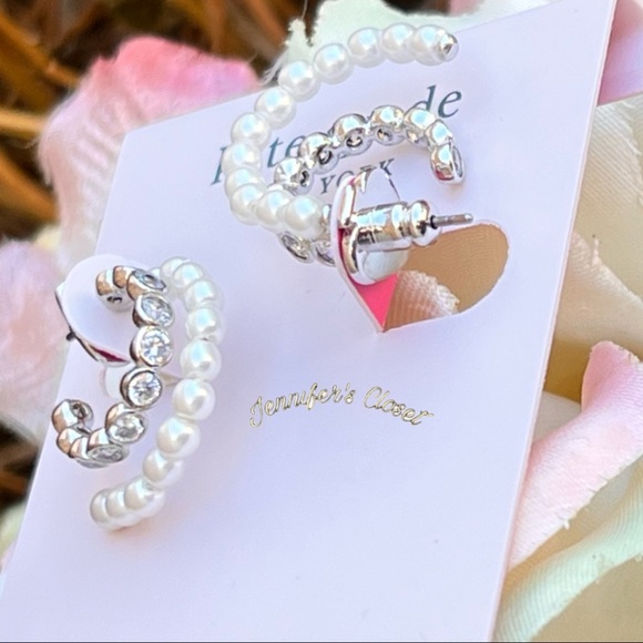 KATE SPADE Cubic Zirconia & Pearl Double Huggie Earrings - Picture 3 of 7